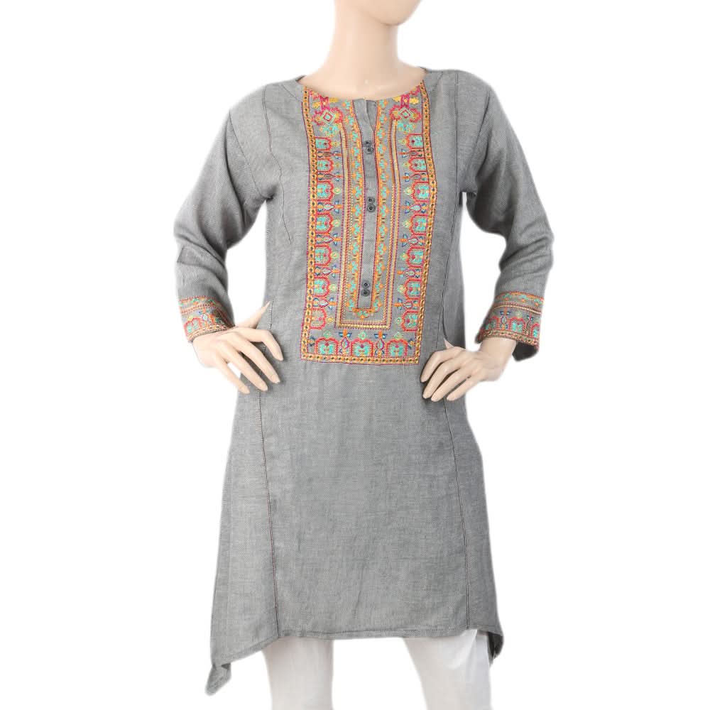 Women's Embroidered Kurti Front Button - Grey, Women, Ready Kurtis, Chase Value, Chase Value
