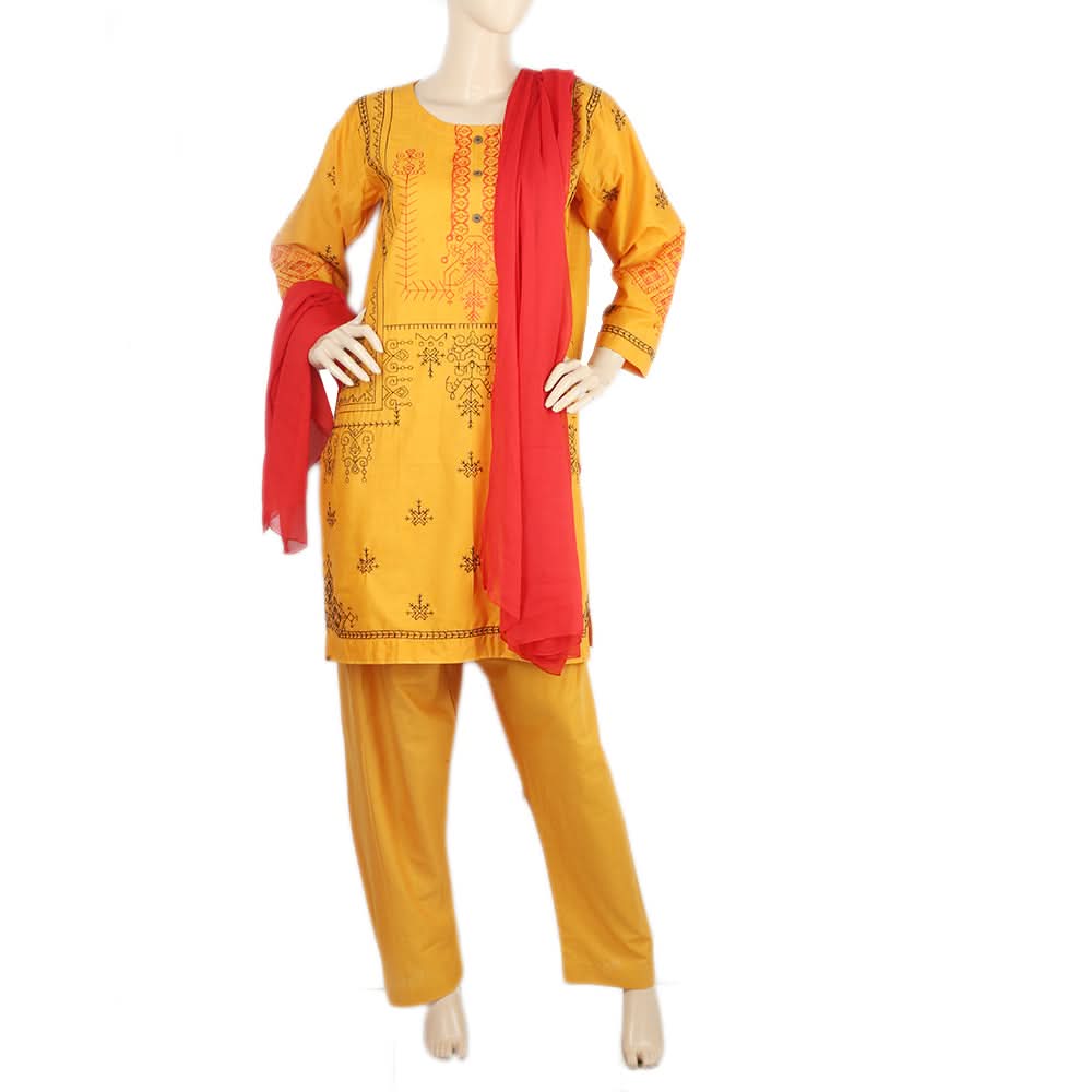 Women's Embroidered 3Pcs Stitched Shalwar Suit - Mustard, Women, Shalwar Suits, Chase Value, Chase Value