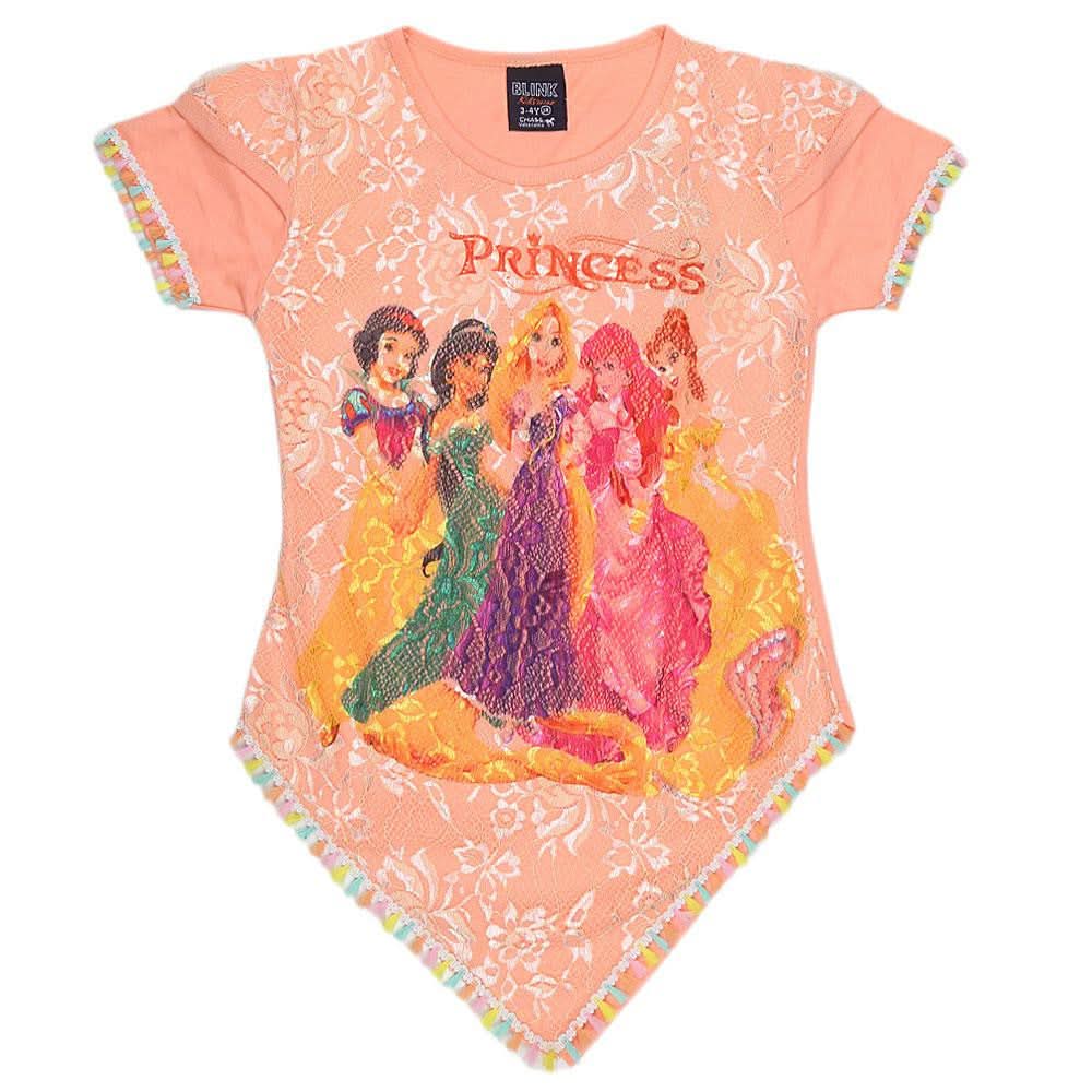 Girls Half Sleeve Fancy T-Shirt - Peach - test-store-for-chase-value