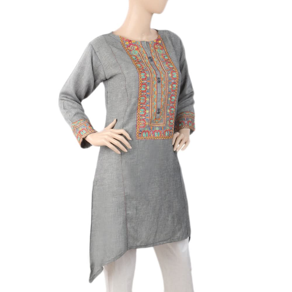 Women's Embroidered Kurti Front Button - Grey, Women, Ready Kurtis, Chase Value, Chase Value