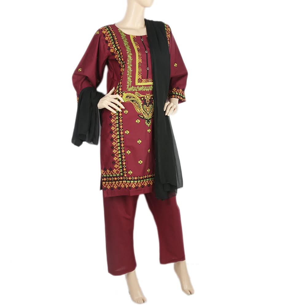 Women's Embroidered 3Pcs Stitched Shalwar Suit - Maroon, Women, Shalwar Suits, Chase Value, Chase Value