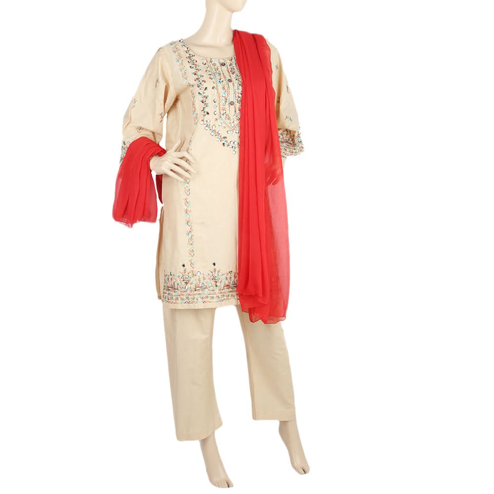 Women's Embroidered 3Pcs Stitched Shalwar Suit - Fawn, Women, Shalwar Suits, Chase Value, Chase Value