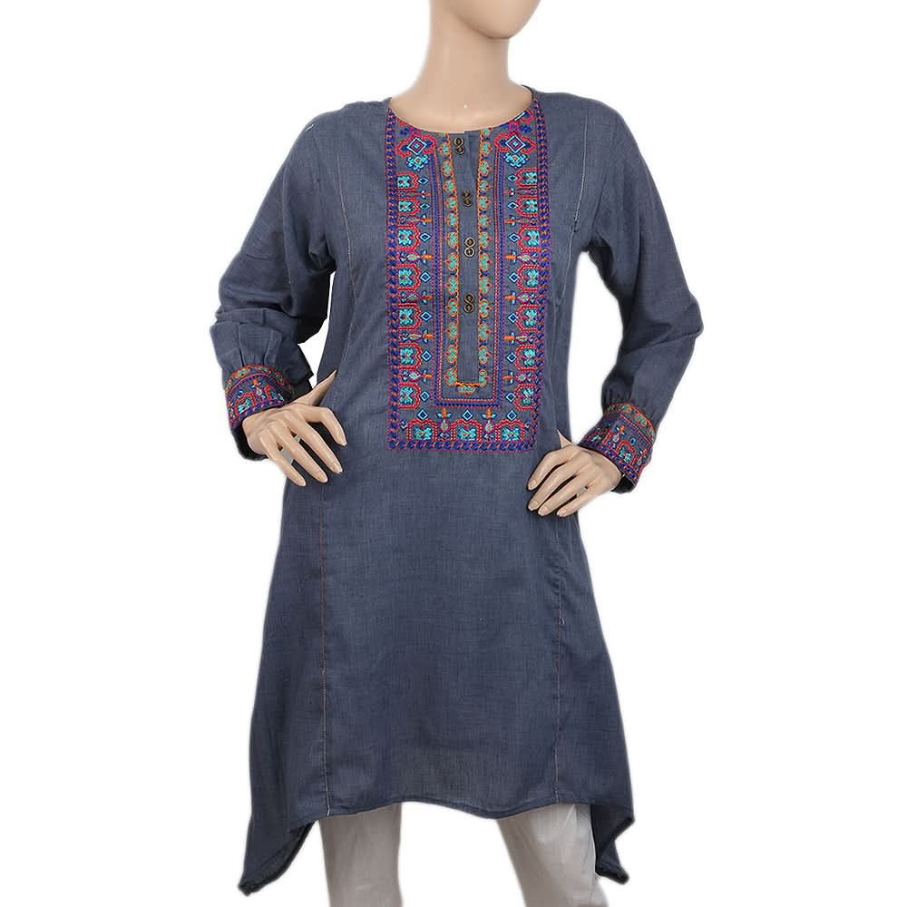 Women's Embroidered Kurti Front Button - Dark Grey, Women, Ready Kurtis, Chase Value, Chase Value