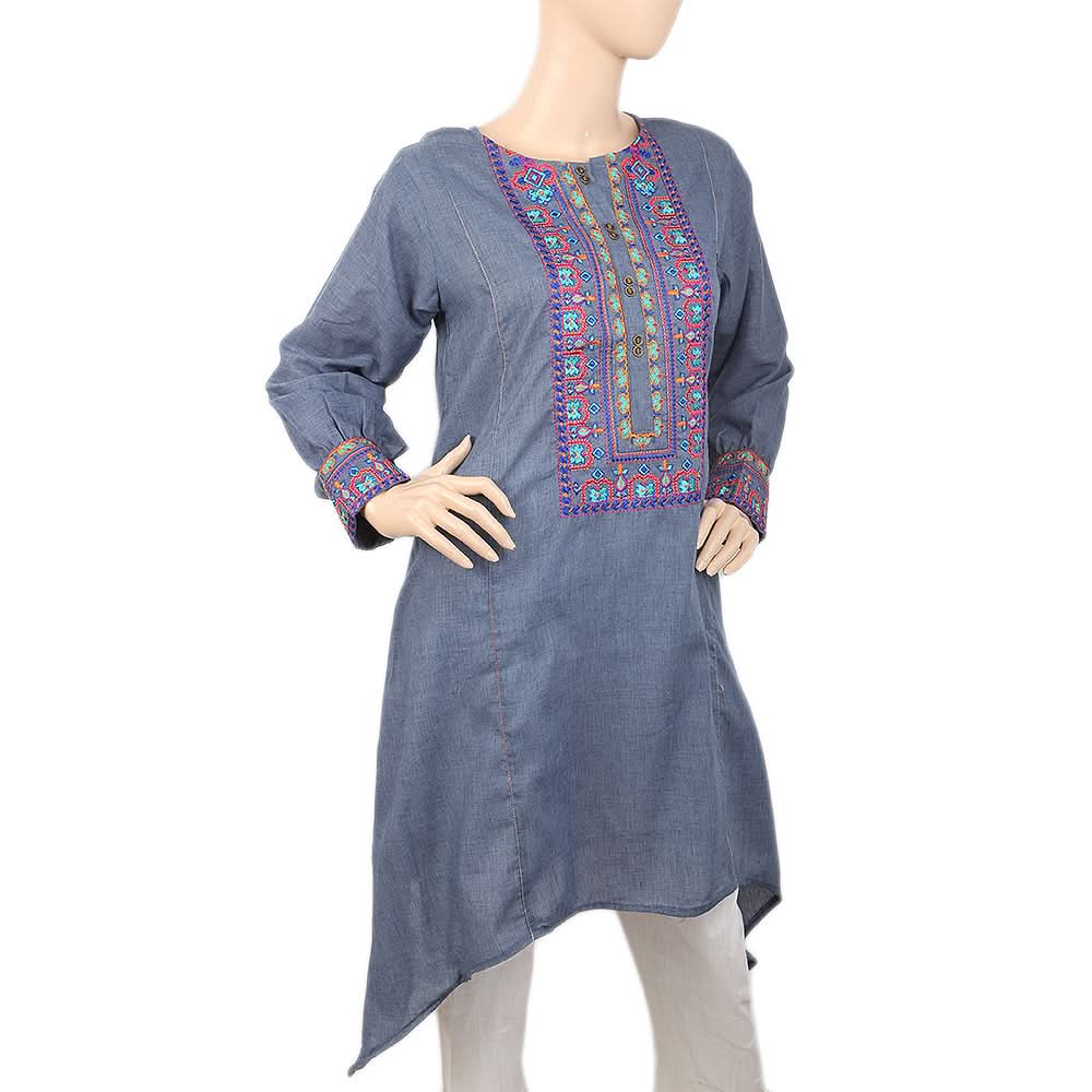 Women's Embroidered Kurti Front Button - Dark Grey, Women, Ready Kurtis, Chase Value, Chase Value