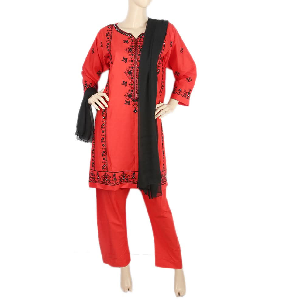 Women's Embroidered 3Pcs Stitched Shalwar Suit - Red, Women, Shalwar Suits, Chase Value, Chase Value