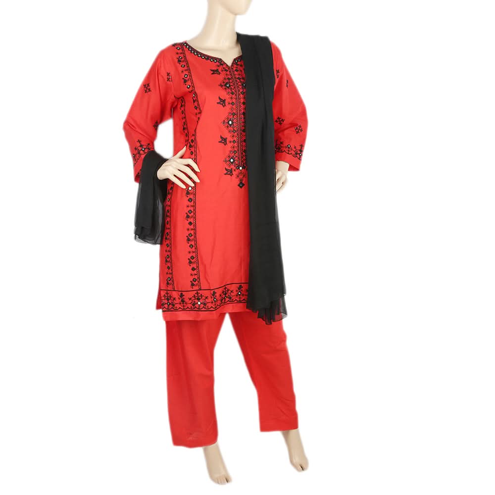 Women's Embroidered 3Pcs Stitched Shalwar Suit - Red, Women, Shalwar Suits, Chase Value, Chase Value