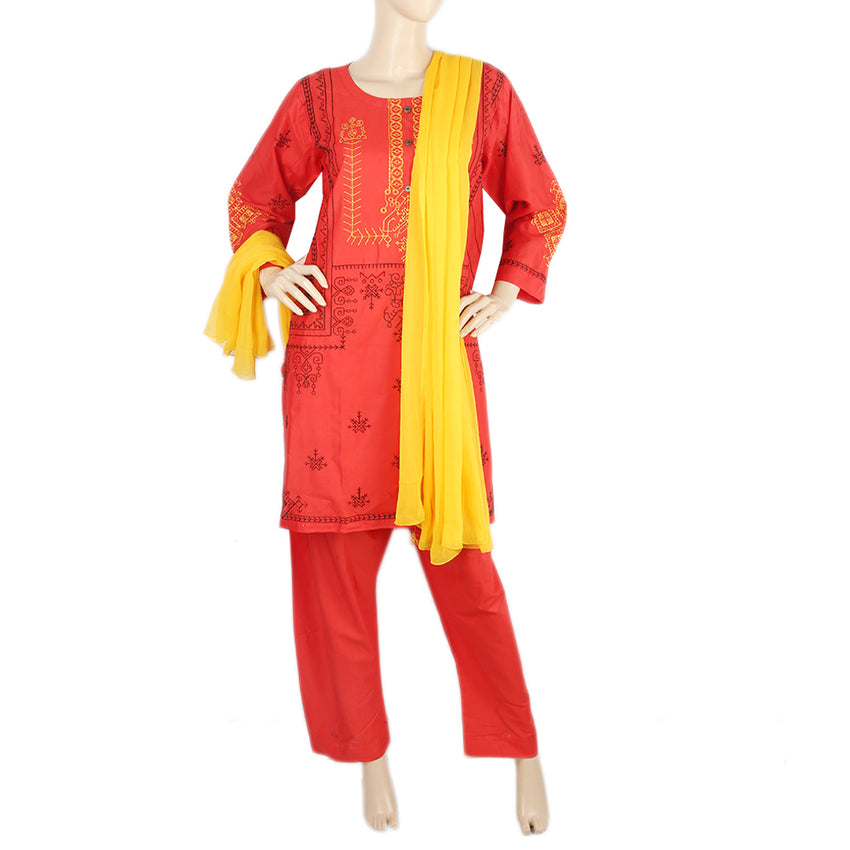 Women's Embroidered 3Pcs Stitched Shalwar Suit - Red, Women, Shalwar Suits, Chase Value, Chase Value