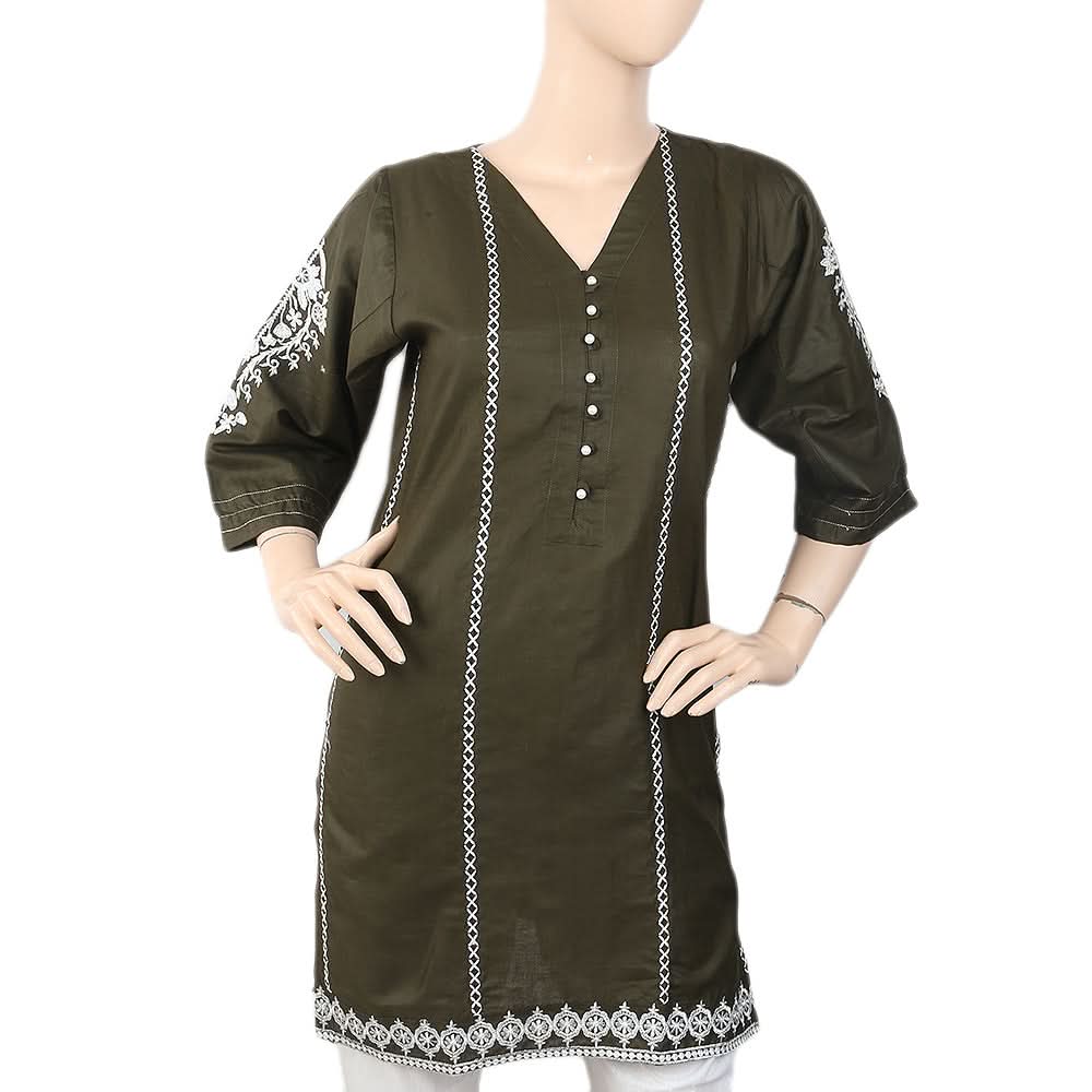 Women's Embroidered Kurti With Front Button - Olive Green, Women, Ready Kurtis, Chase Value, Chase Value