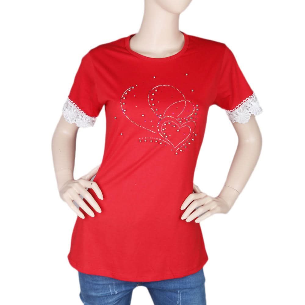Women's Half Sleeve Stone T-Shirt - Red - test-store-for-chase-value