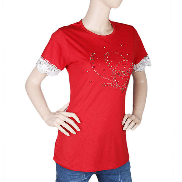 Women's Half Sleeve Stone T-Shirt - Red - test-store-for-chase-value