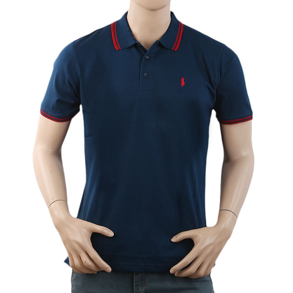 Men's Half Sleeves with Logo Ban Collar Polo T-Shirt - Steel Blue, Men, T-Shirts And Polos, Chase Value, Chase Value