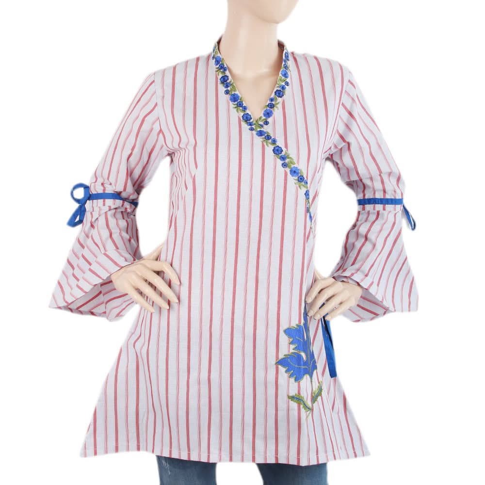 Women's Check Embroidered Kurti Angrakha Style - Red, Women, Ready Kurtis, Chase Value, Chase Value