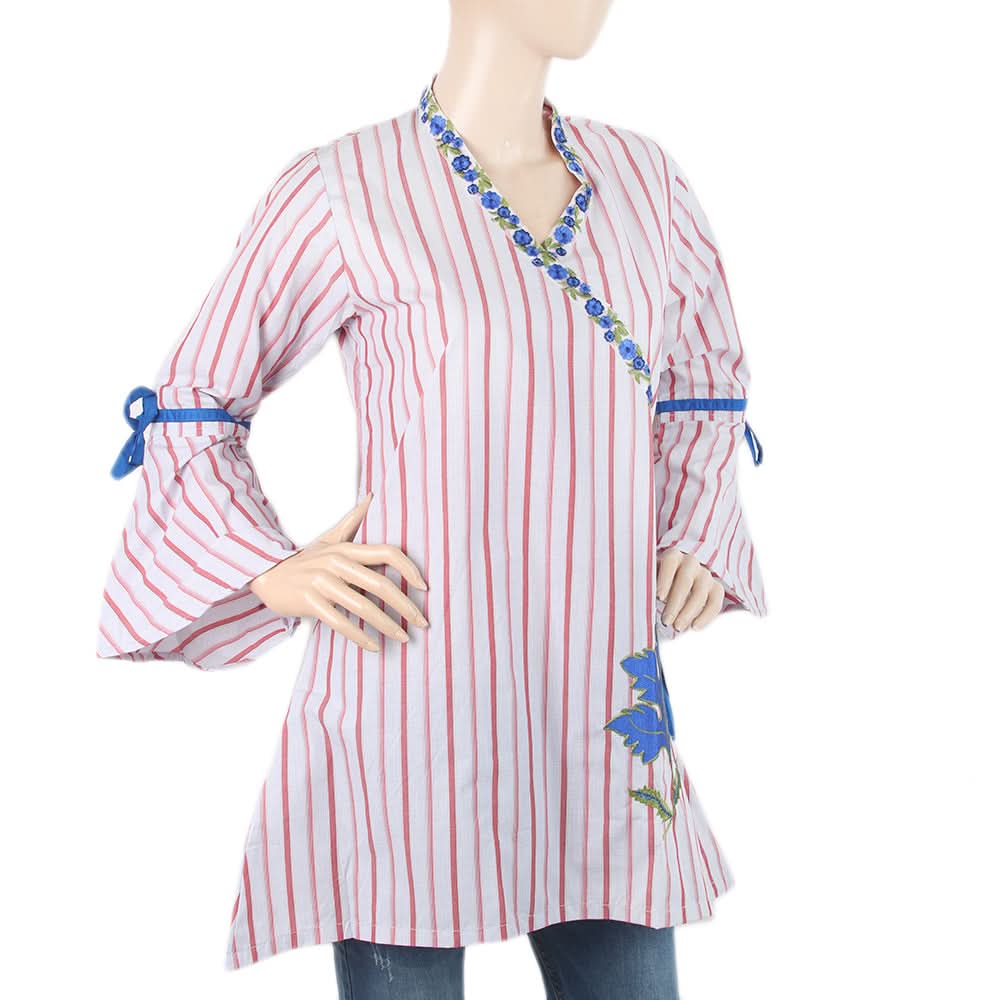 Women's Check Embroidered Kurti Angrakha Style - Red, Women, Ready Kurtis, Chase Value, Chase Value