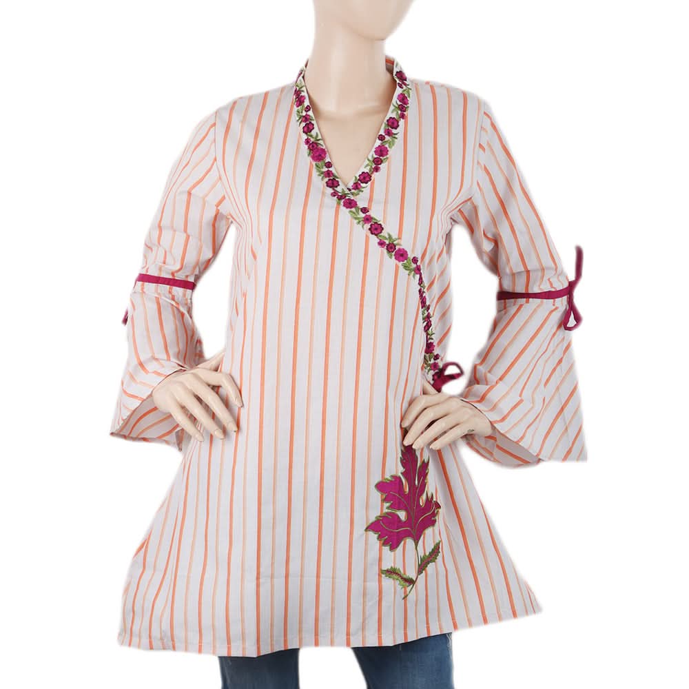 Women's Check Embroidered Kurti Angrakha Style - Orange, Women, Ready Kurtis, Chase Value, Chase Value