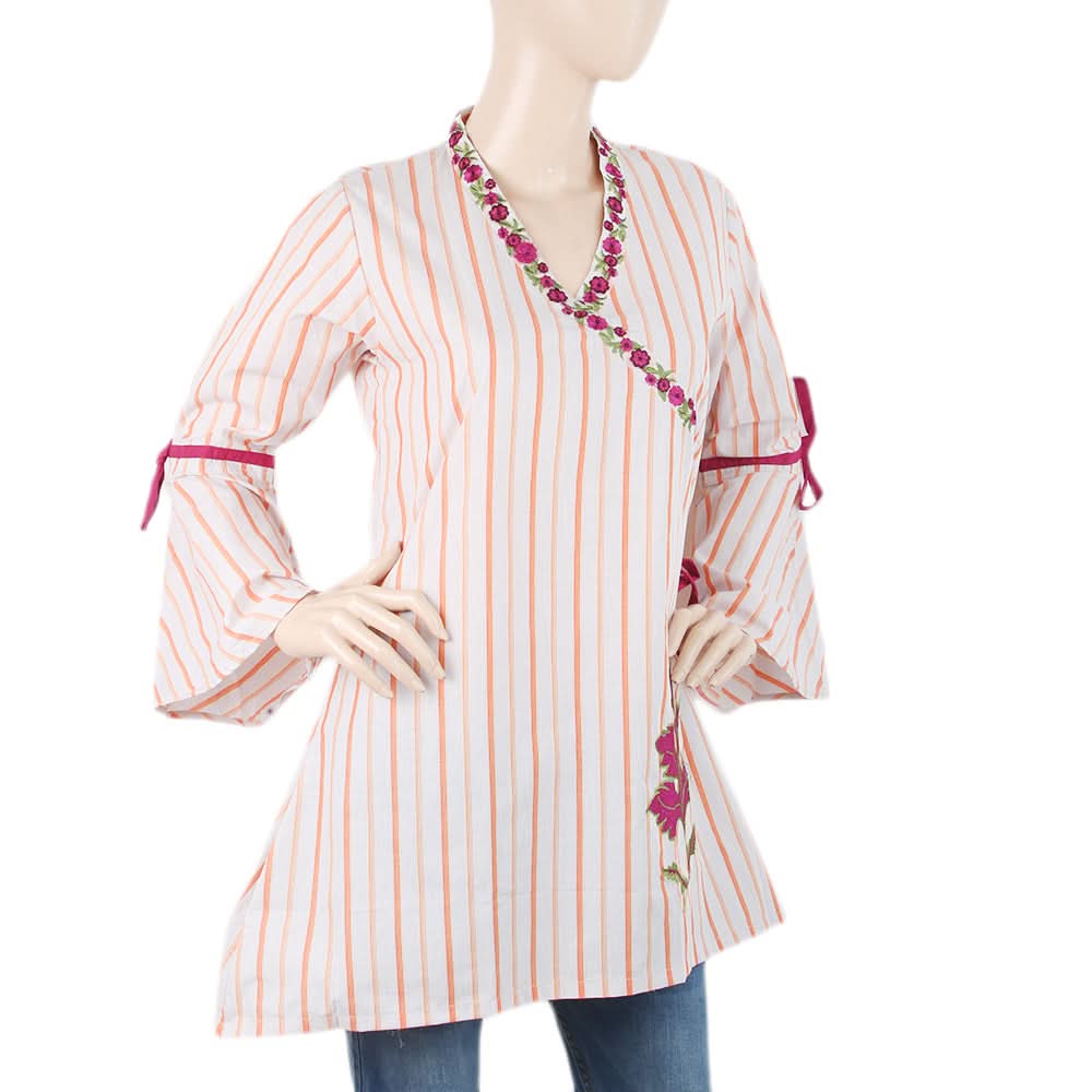 Women's Check Embroidered Kurti Angrakha Style - Orange, Women, Ready Kurtis, Chase Value, Chase Value