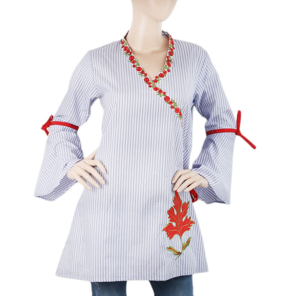 Women's Check Embroidered Kurti Angrakha Style - Blue, Women, Ready Kurtis, Chase Value, Chase Value