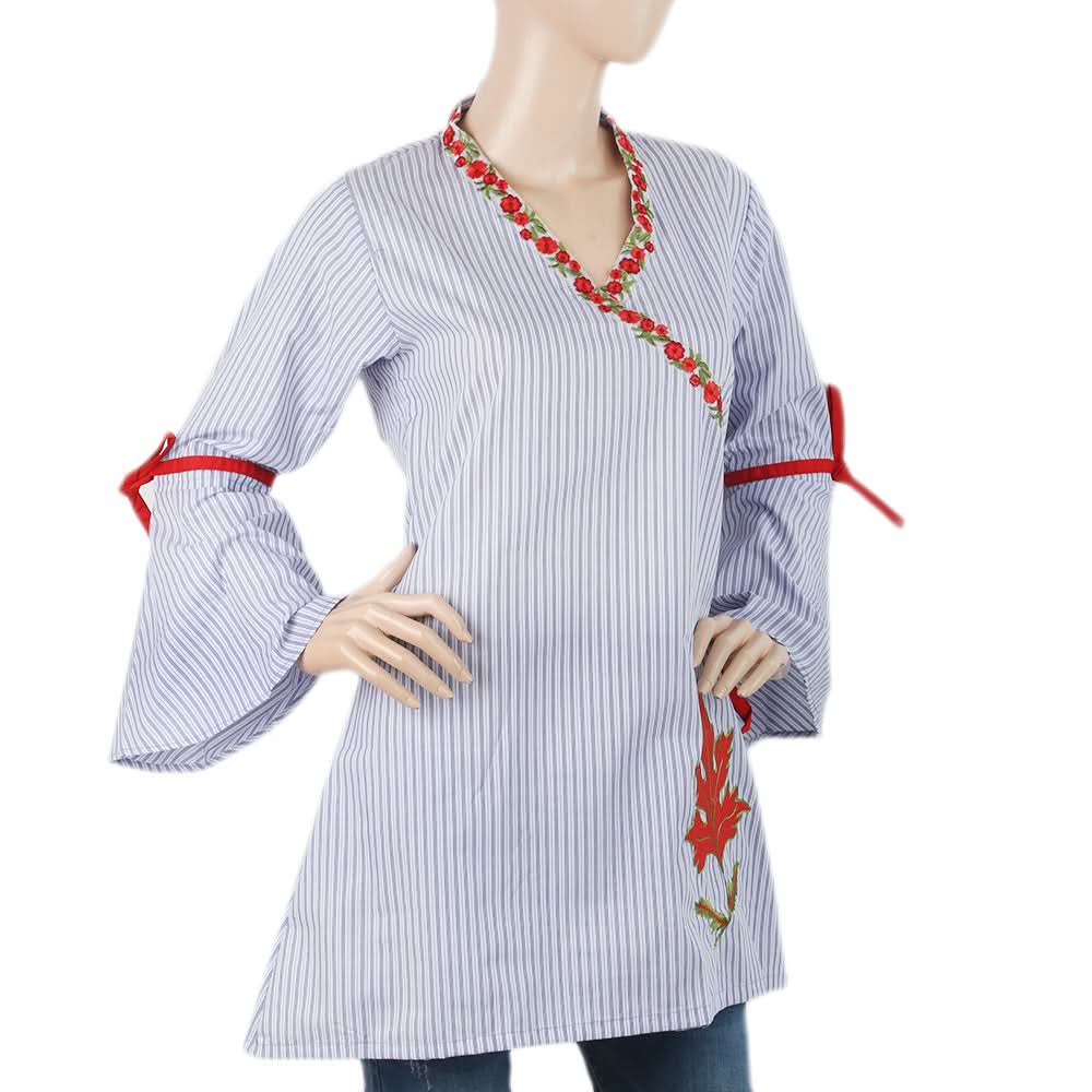 Women's Check Embroidered Kurti Angrakha Style - Blue, Women, Ready Kurtis, Chase Value, Chase Value