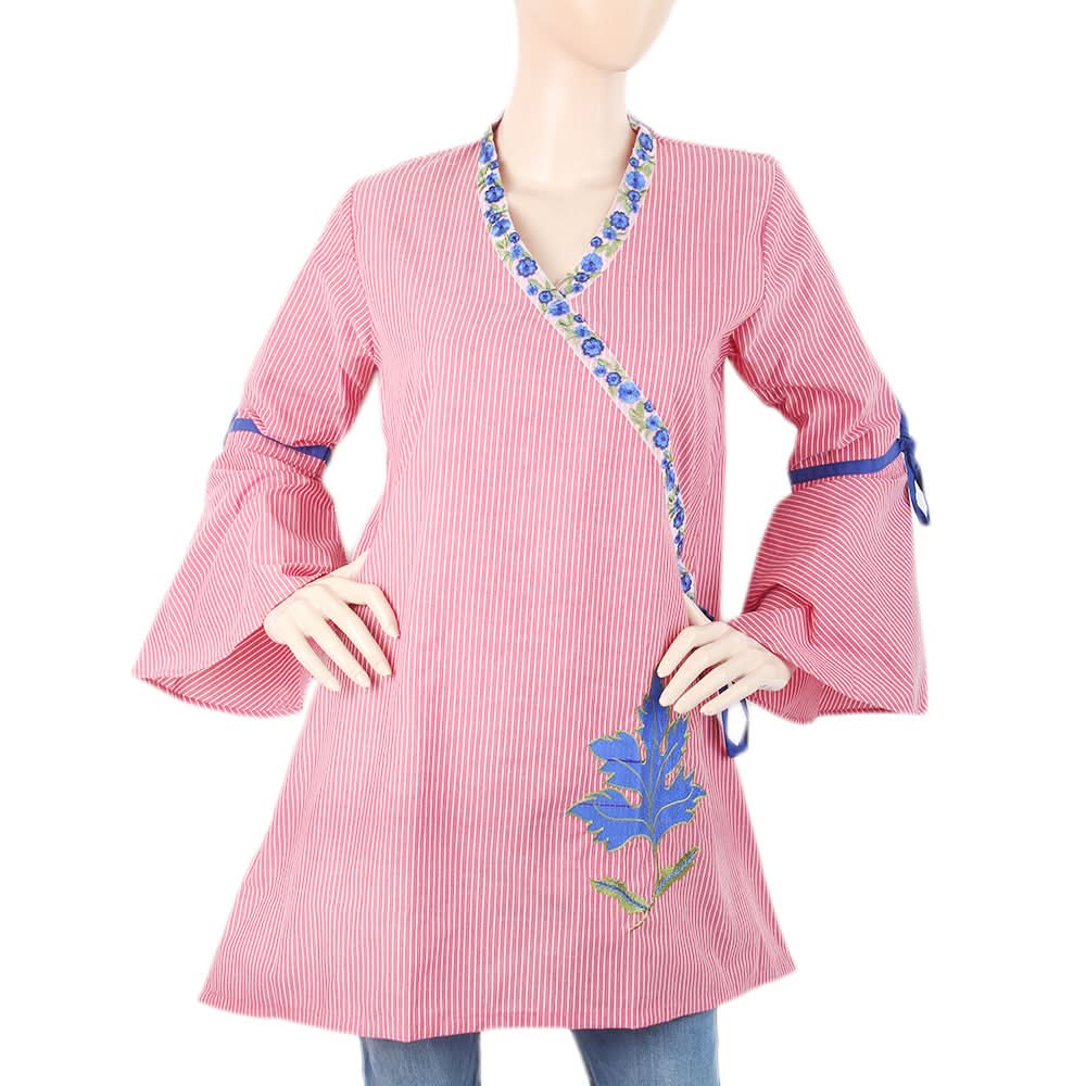 Women's Check Embroidered Kurti Angrakha Style - Maroon, Women, Ready Kurtis, Chase Value, Chase Value