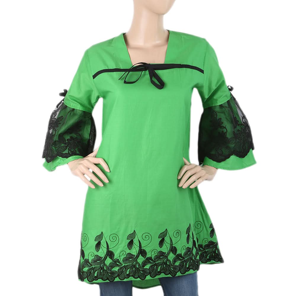 Women's  Embroidered Front Bow Kurti - Green, Women, Ready Kurtis, Chase Value, Chase Value