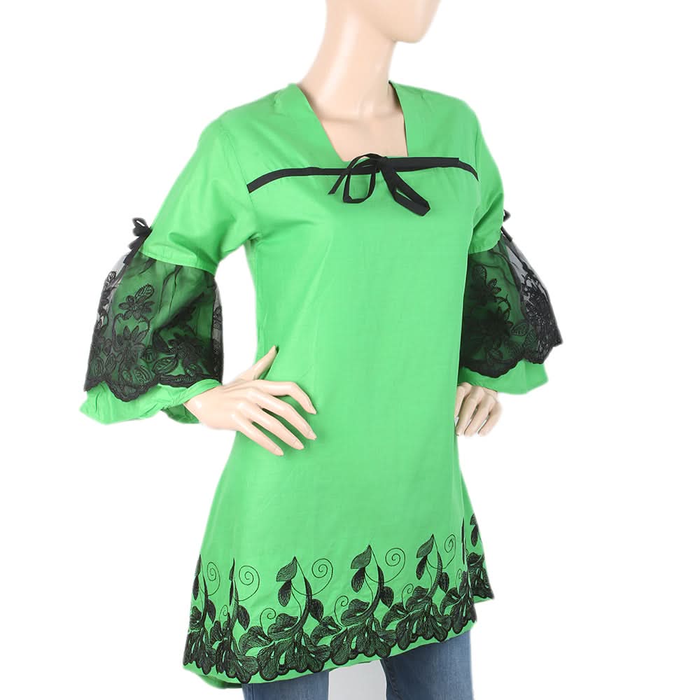 Women's  Embroidered Front Bow Kurti - Green, Women, Ready Kurtis, Chase Value, Chase Value