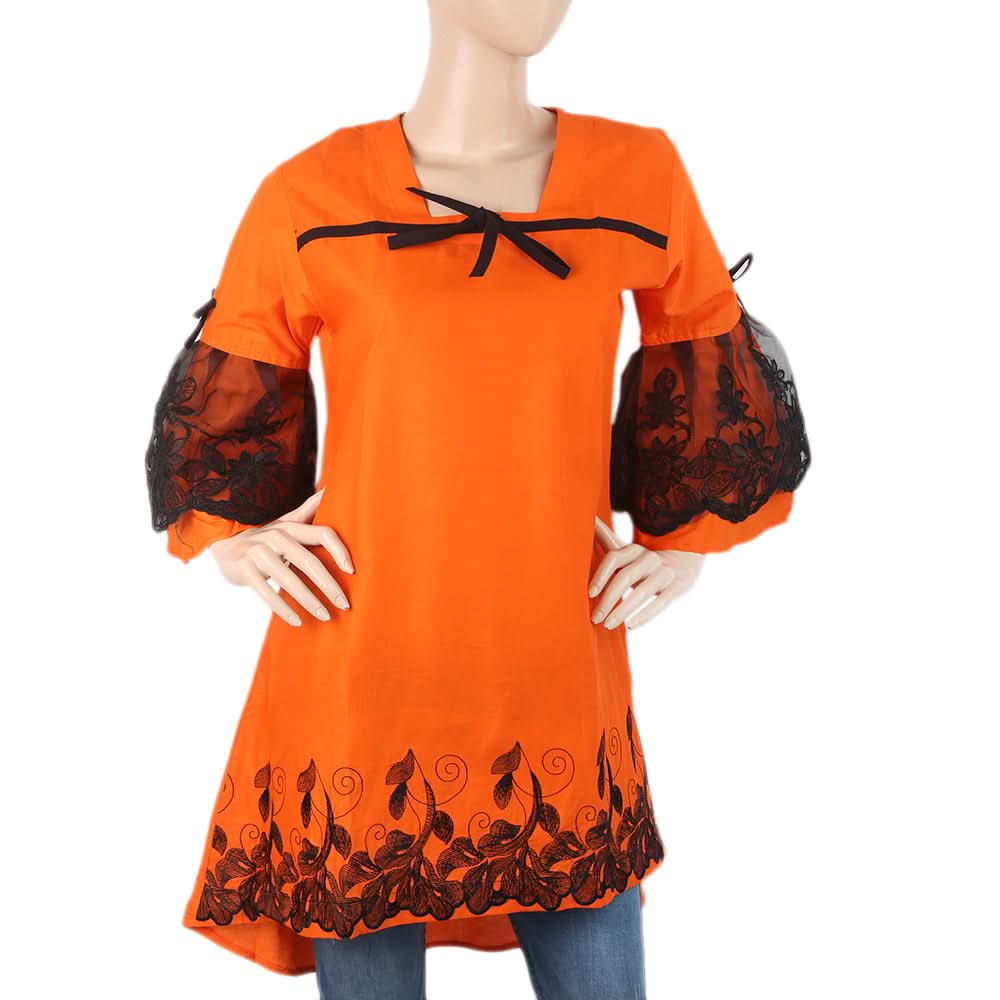 Women's  Embroidered Front Bow Kurti - Orange, Women, Ready Kurtis, Chase Value, Chase Value