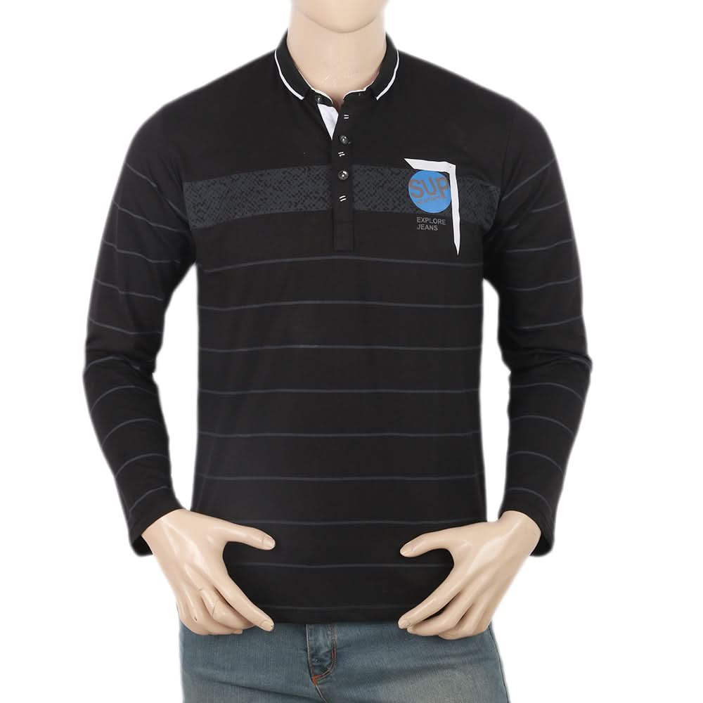 Men's Full Sleeves Sherwani Collar T-Shirt - Black, Men, T-Shirts And Polos, Chase Value, Chase Value