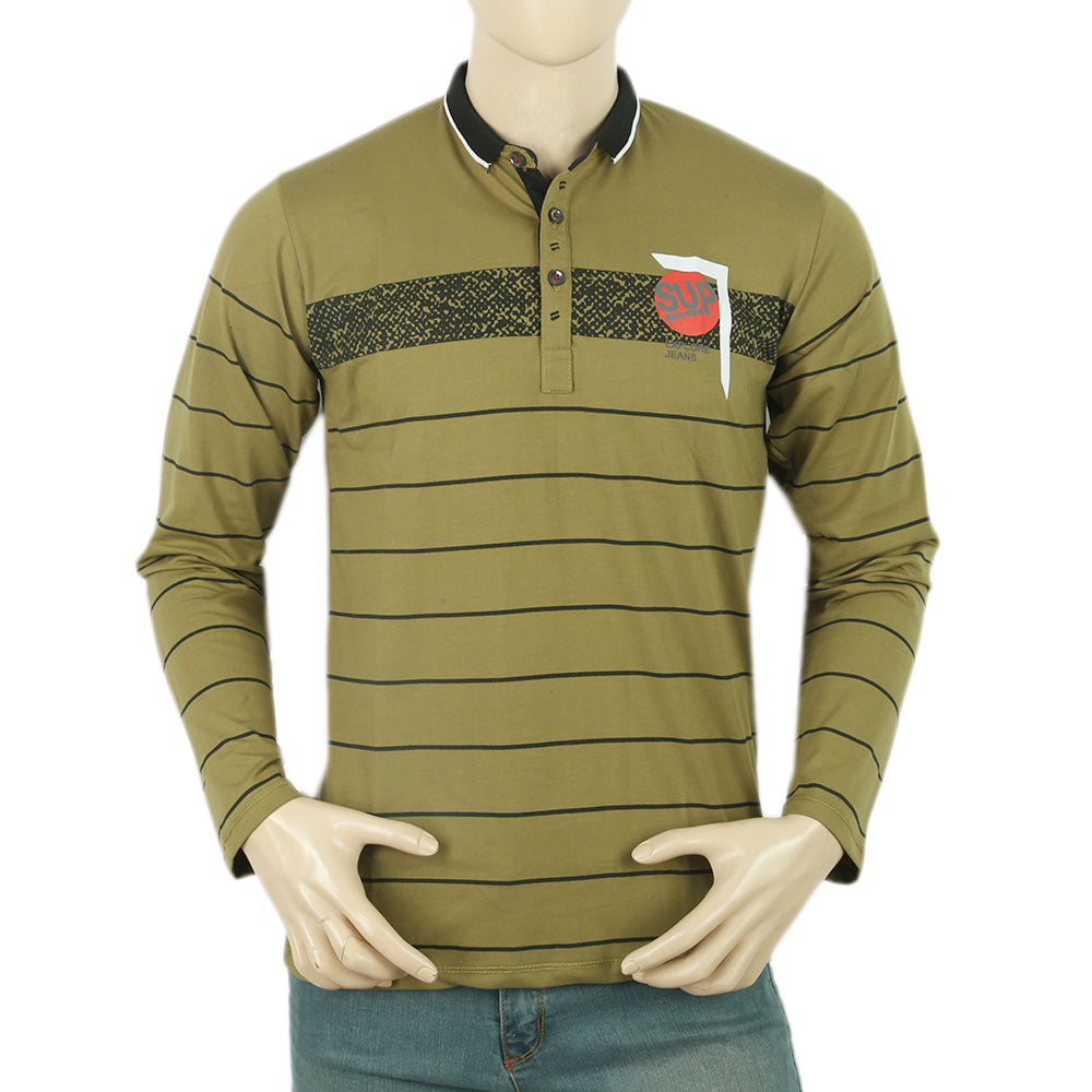 Men's Full Sleeves Sherwani Collar T-Shirt - Olive Green, Men, T-Shirts And Polos, Chase Value, Chase Value