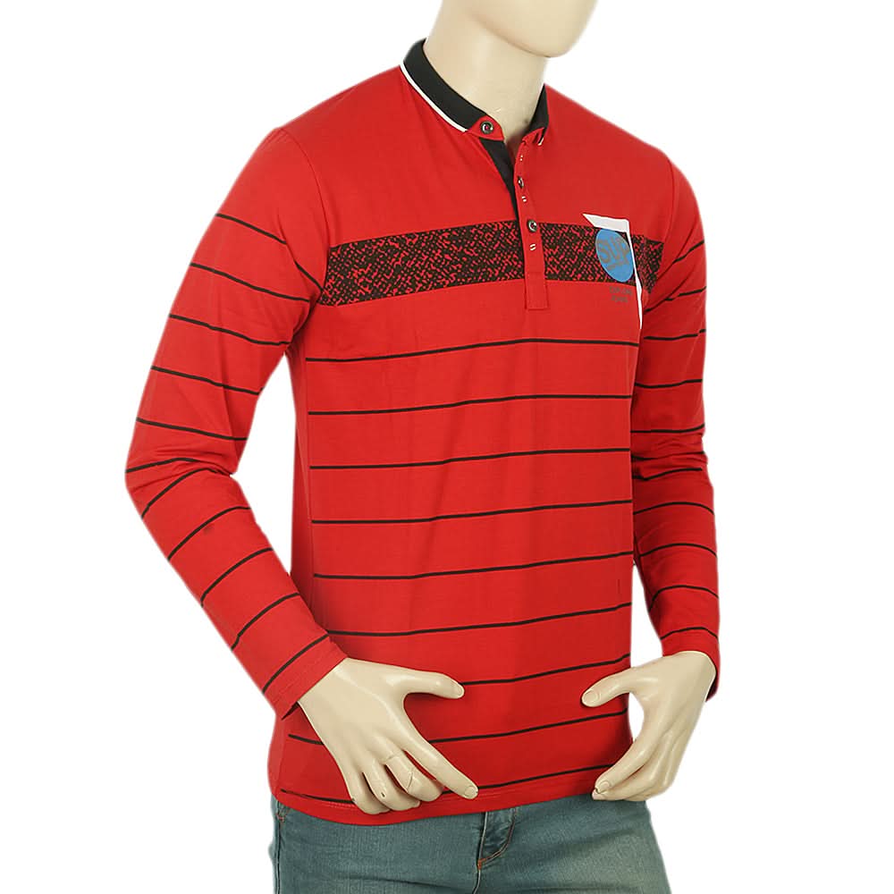 Men's Full Sleeves Sherwani Collar T-Shirt - Red, Men, T-Shirts And Polos, Chase Value, Chase Value