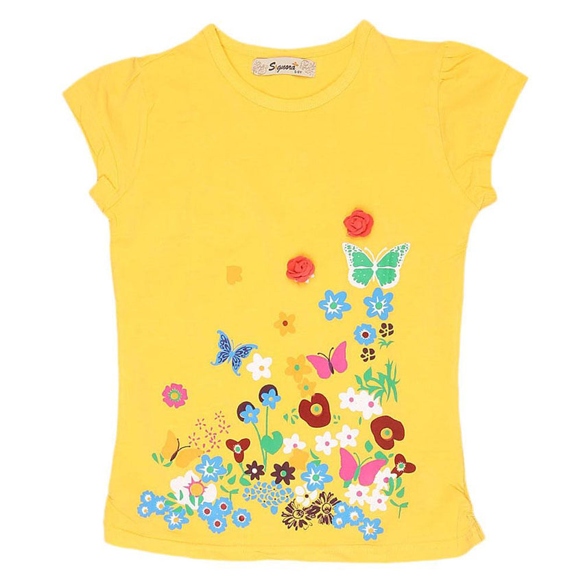 Girls Half Sleeve Fancy T-Shirt - Yellow - test-store-for-chase-value