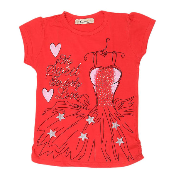 Girls Half Sleeve Fancy T-Shirt - Red - test-store-for-chase-value