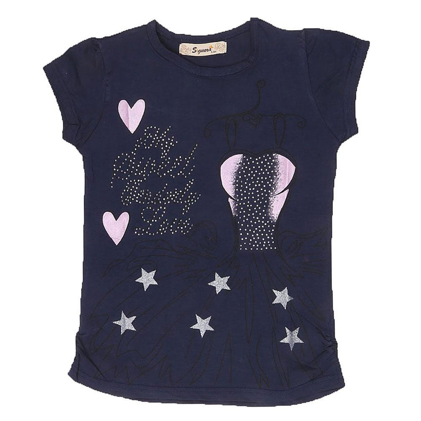 Girls Half Sleeve Fancy T-Shirt - Navy Blue - test-store-for-chase-value