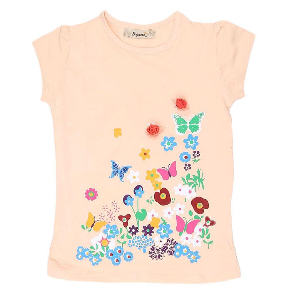 Girls Half Sleeve Fancy T-Shirt - Peach - test-store-for-chase-value