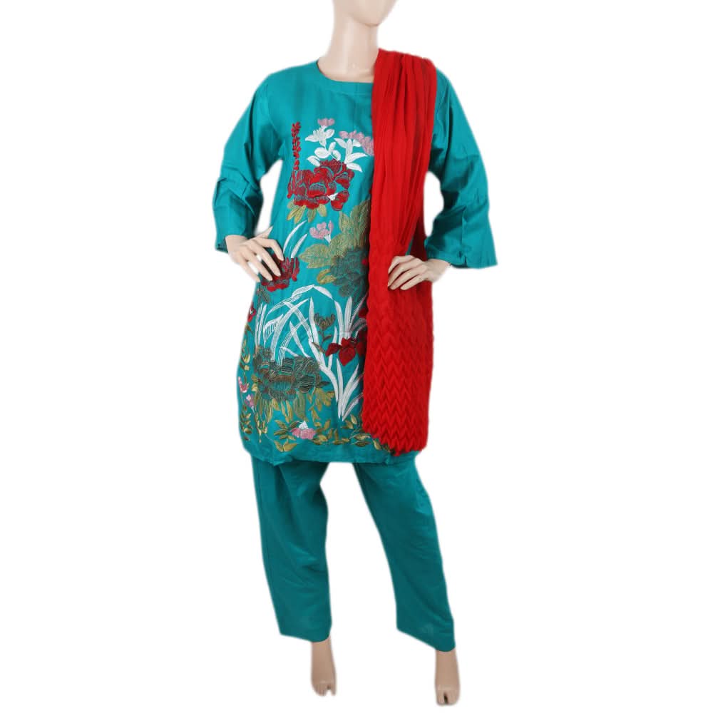Women's Embroidered 3 Pcs Cotton Suit - Sea Green, Women, Shalwar Suits, Chase Value, Chase Value