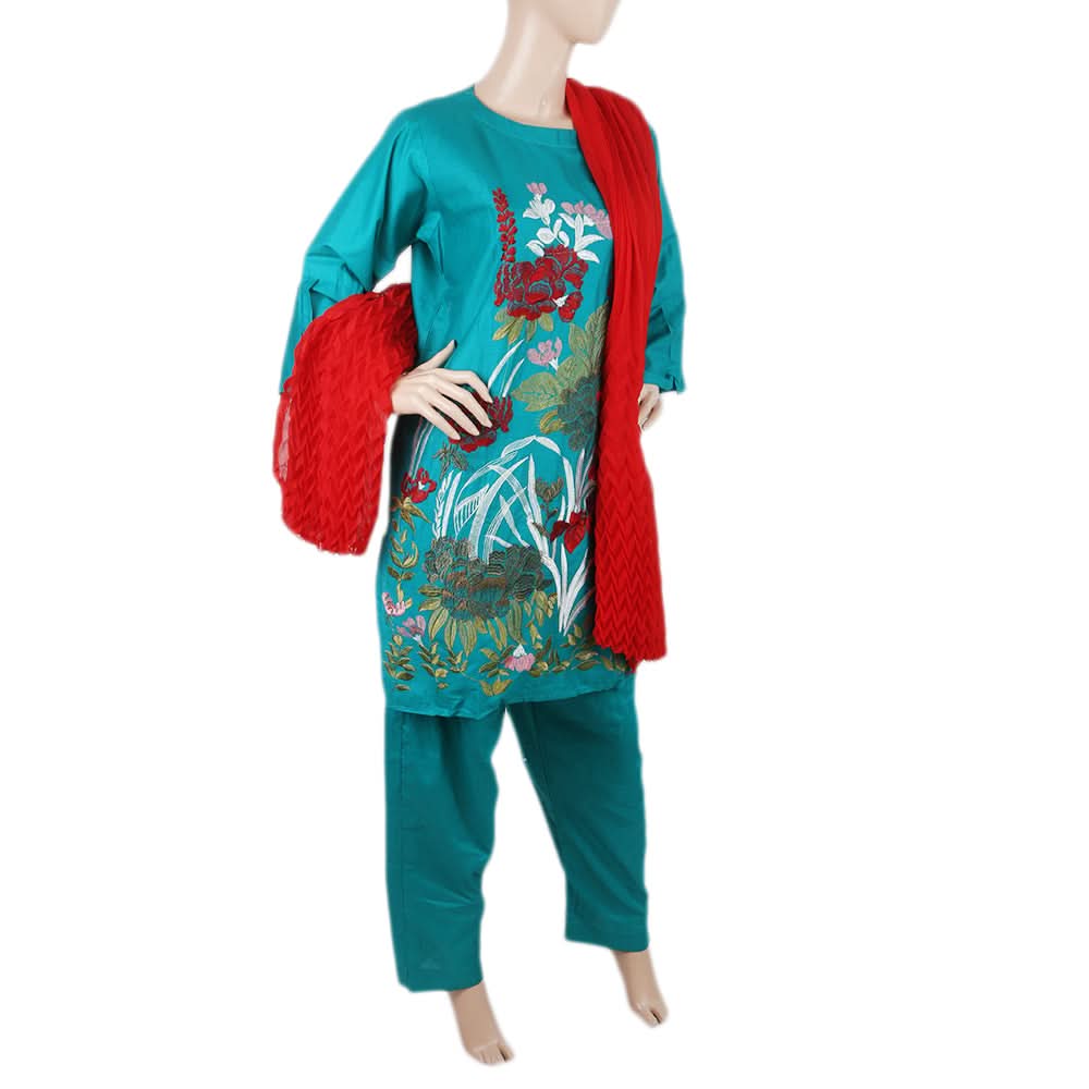 Women's Embroidered 3 Pcs Cotton Suit - Sea Green, Women, Shalwar Suits, Chase Value, Chase Value