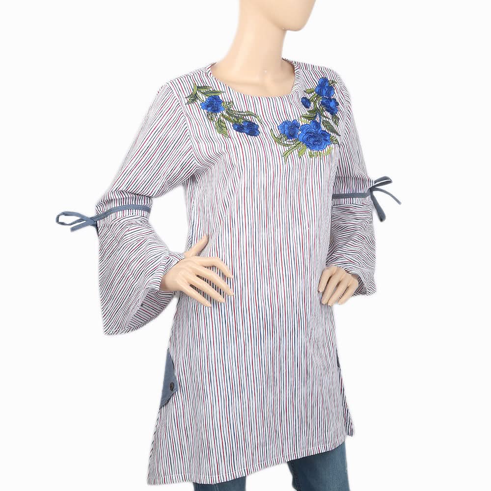 Women's Stripe Embroidered Kurti With Cut Sleeve - Multi, Women, Ready Kurtis, Chase Value, Chase Value