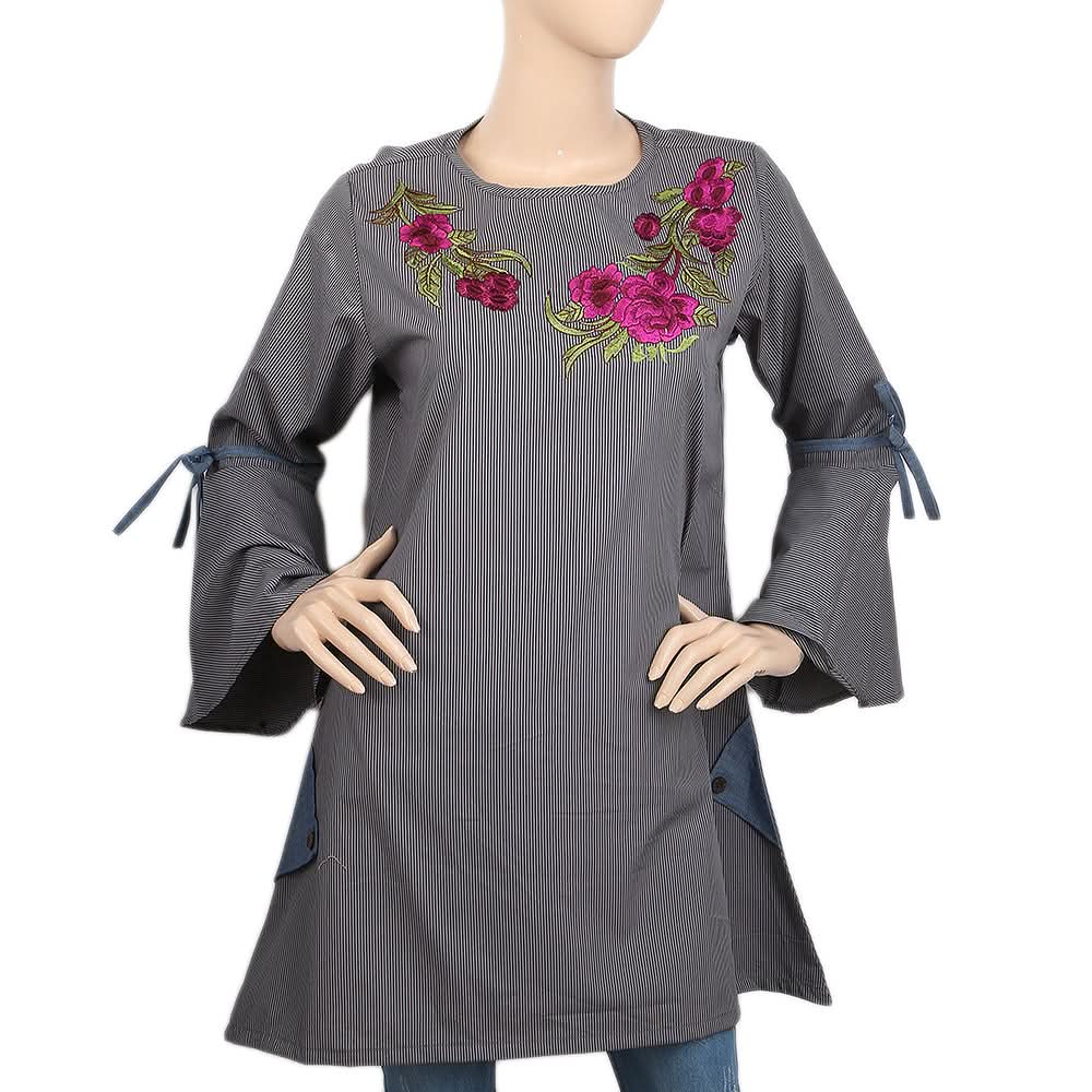 Women's Stripe Embroidered Kurti With Cut Sleeve - Dark Grey, Women, Ready Kurtis, Chase Value, Chase Value