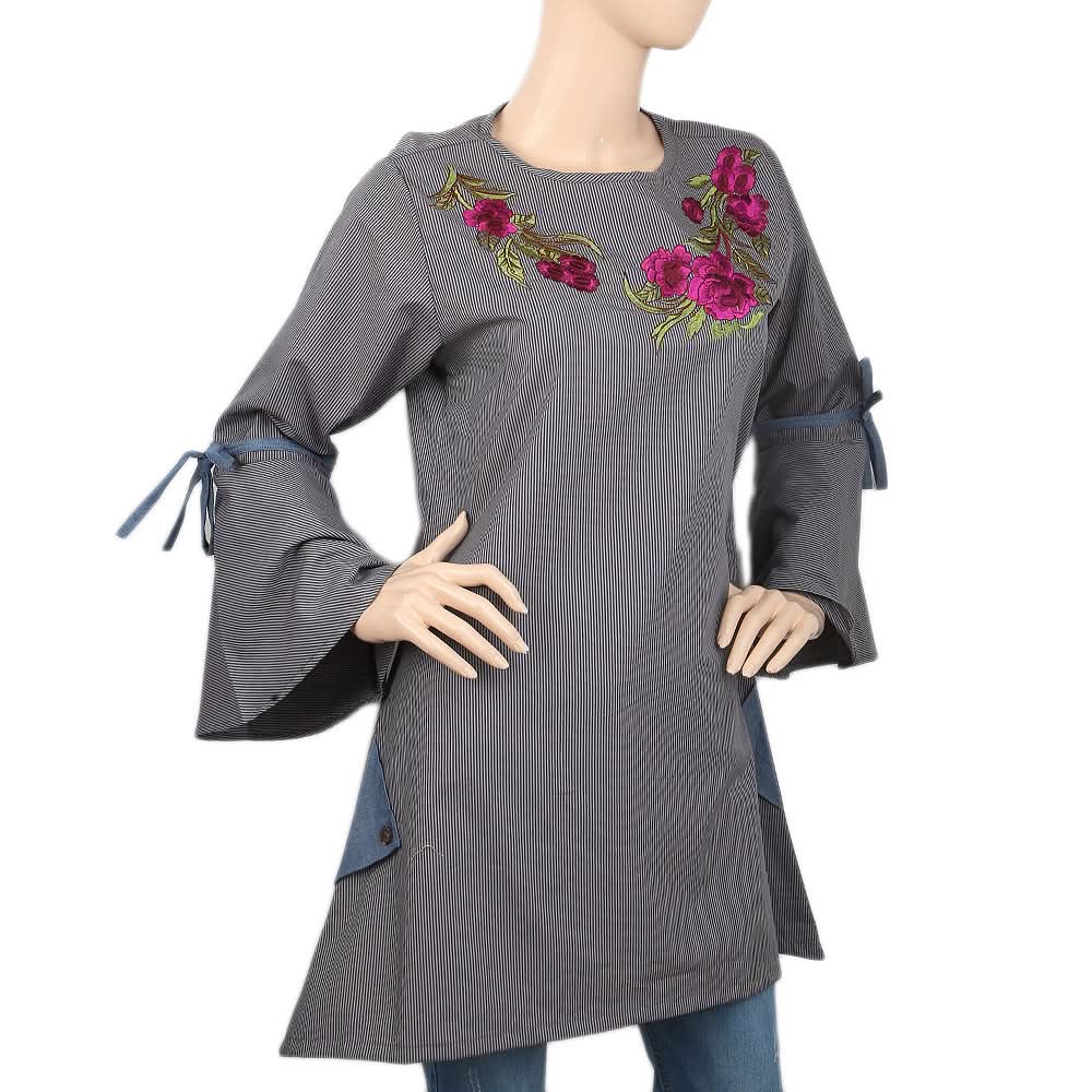 Women's Stripe Embroidered Kurti With Cut Sleeve - Dark Grey, Women, Ready Kurtis, Chase Value, Chase Value