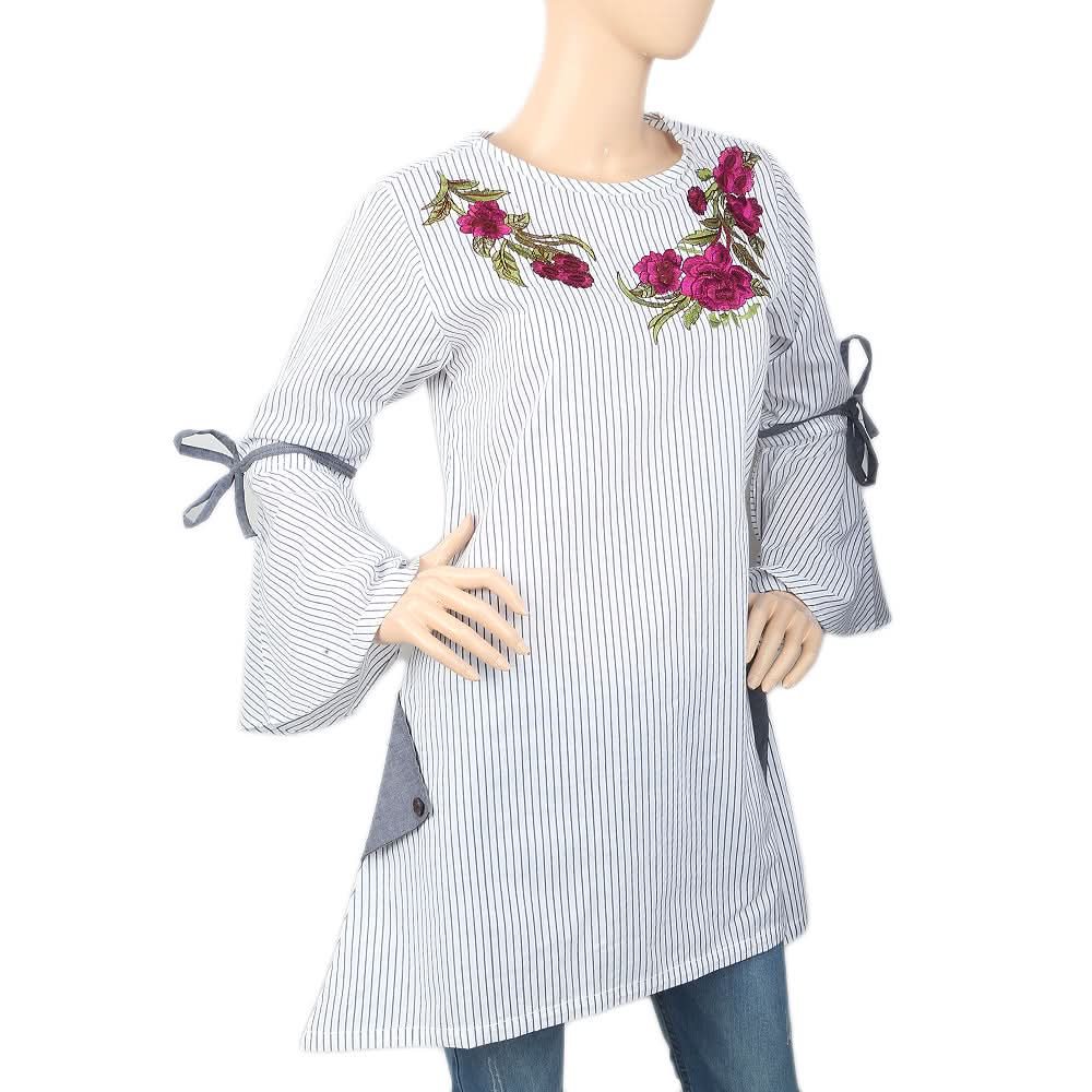 Women's Stripe Embroidered Kurti With Cut Sleeve - Grey, Women, Ready Kurtis, Chase Value, Chase Value