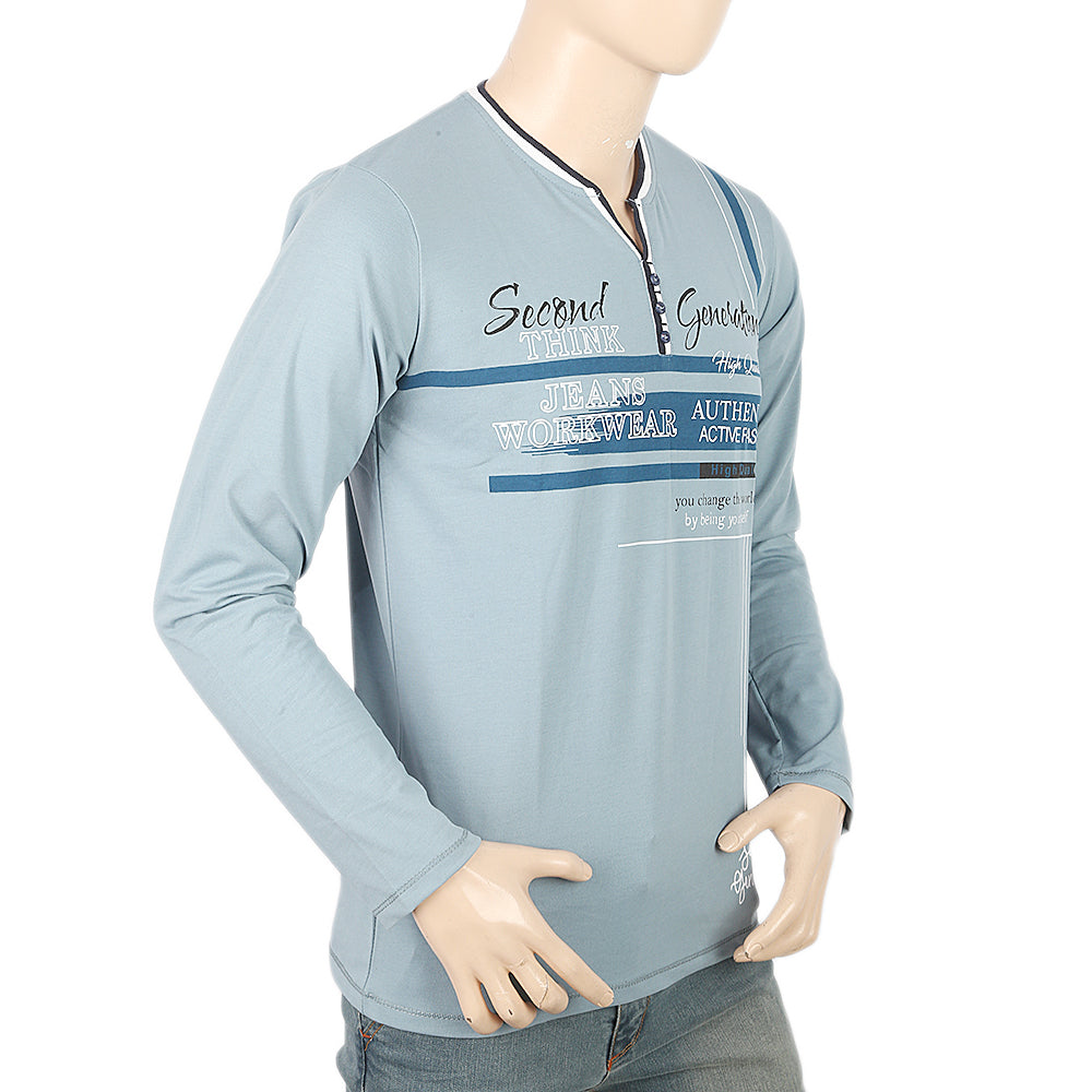 Men's Full Sleeves Y-Studs Collar T-Shirt - Light Blue, Men, T-Shirts And Polos, Chase Value, Chase Value