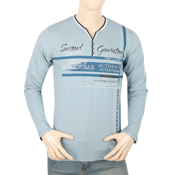 Men's Full Sleeves Y-Studs Collar T-Shirt - Light Blue, Men, T-Shirts And Polos, Chase Value, Chase Value