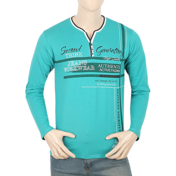 Men's Full Sleeves Y-Studs Collar T-Shirt - Sea Green, Men, T-Shirts And Polos, Chase Value, Chase Value