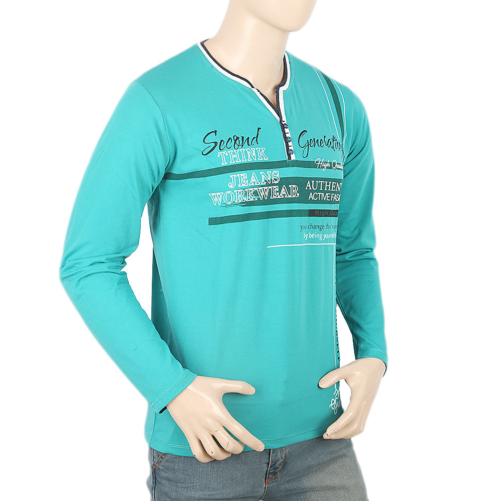 Men's Full Sleeves Y-Studs Collar T-Shirt - Sea Green, Men, T-Shirts And Polos, Chase Value, Chase Value