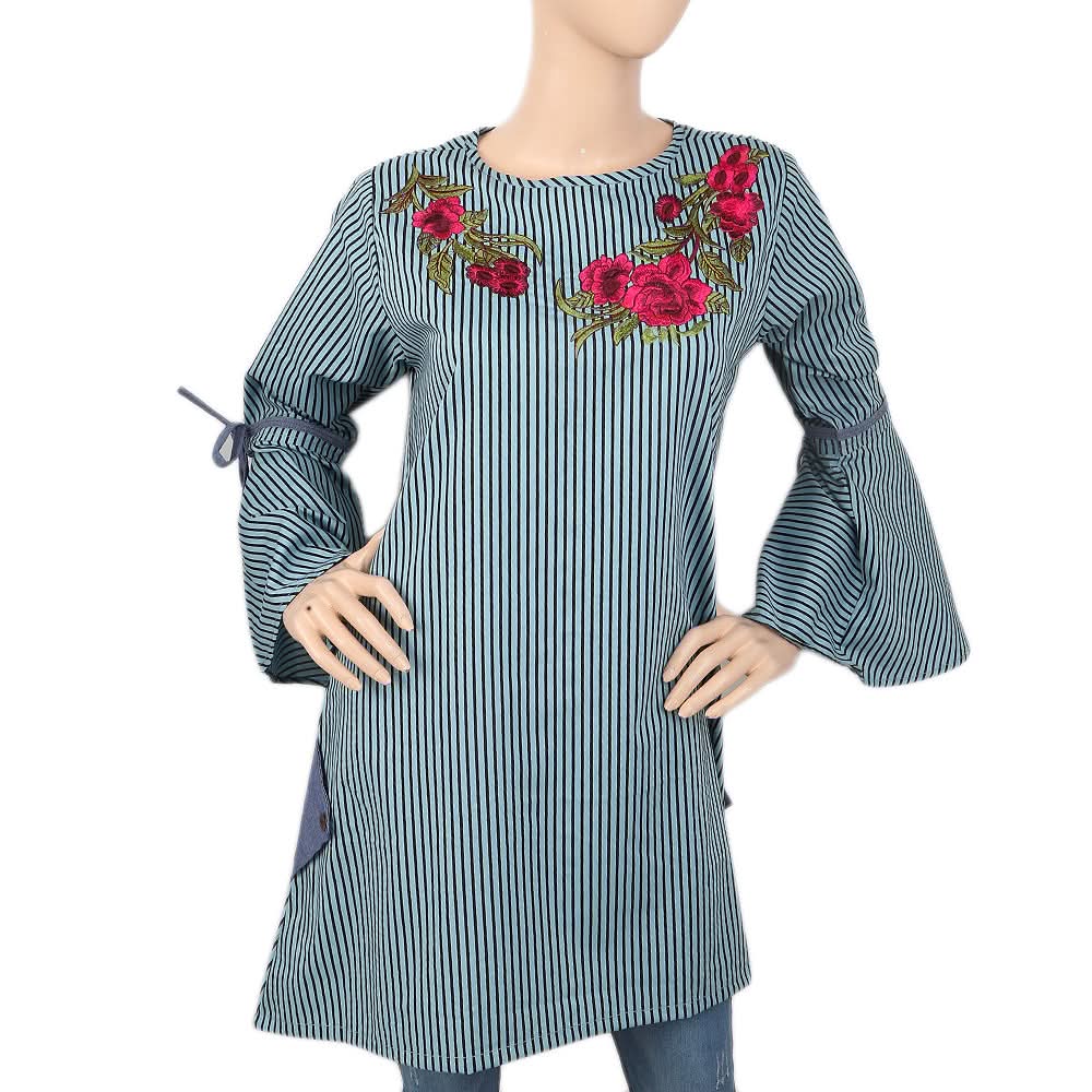 Women's Stripe Embroidered Kurti With Cut Sleeve - Steel Blue, Women, Ready Kurtis, Chase Value, Chase Value