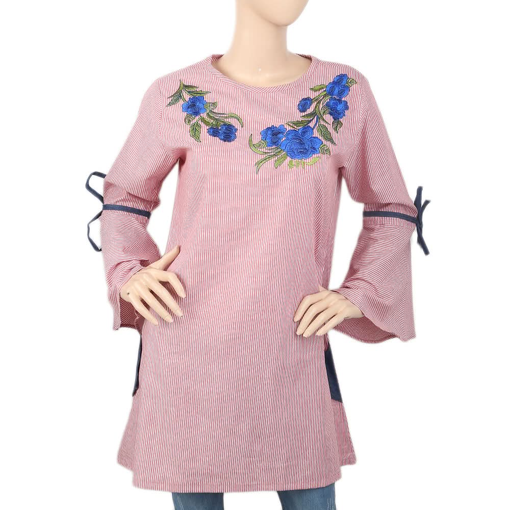 Women's Stripe Embroidered Kurti With Cut Sleeve - Maroon, Women, Ready Kurtis, Chase Value, Chase Value