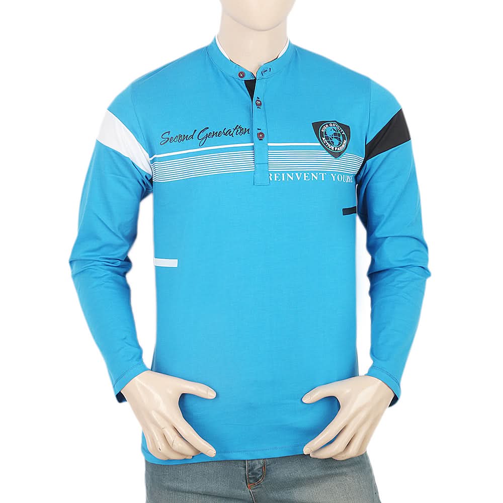 Men's Full Sleeves Sherwani Collar T-Shirt - Blue, Men, T-Shirts And Polos, Chase Value, Chase Value