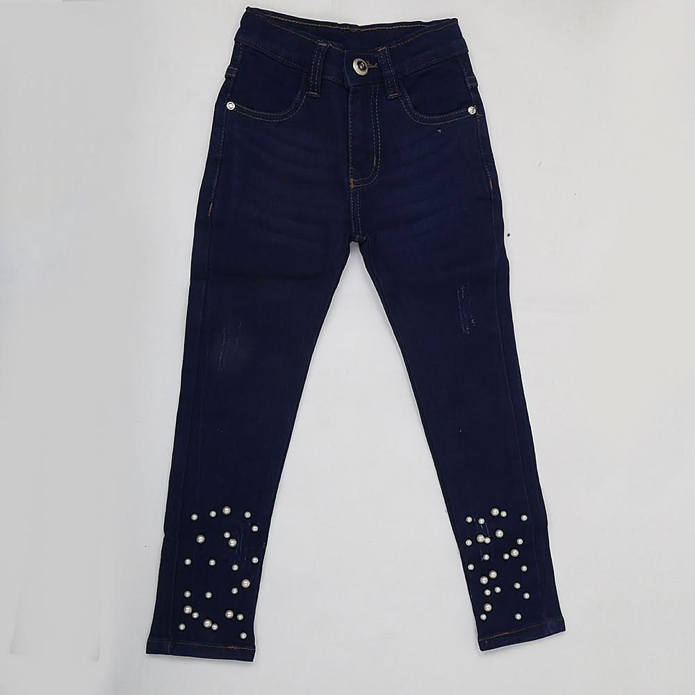 Girls Denim Pant Bottom Pearls - Navy Blue, Kids, Girls Pants And Capri, Chase Value, Chase Value