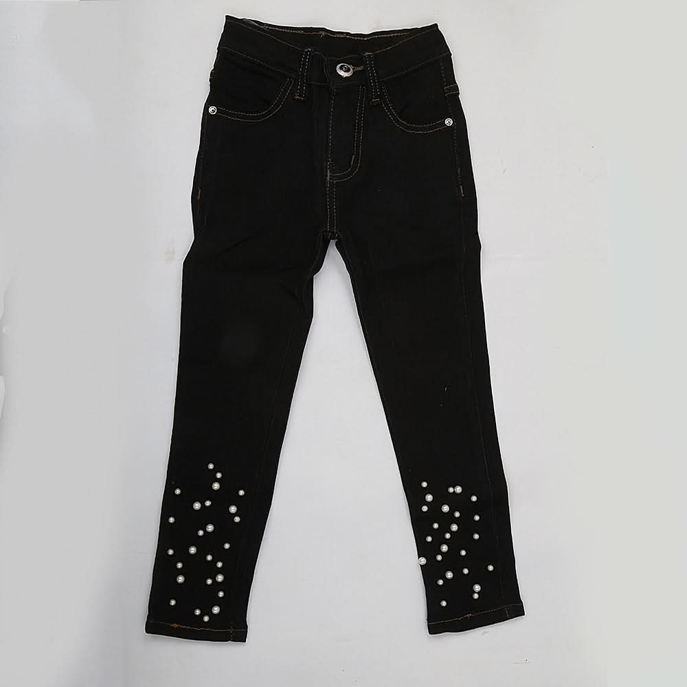 Girls Denim Pant Bottom Pearls - Black, Kids, Girls Pants And Capri, Chase Value, Chase Value