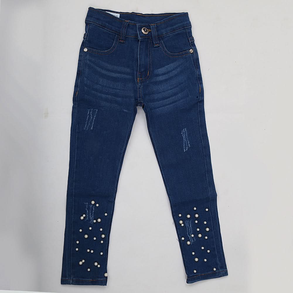 Girls Denim Pant Bottom Pearls - Blue, Kids, Girls Pants And Capri, Chase Value, Chase Value