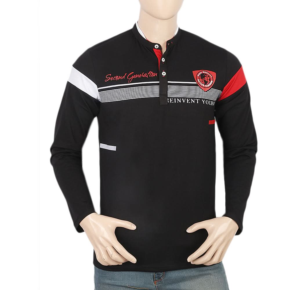 Men's Full Sleeves Sherwani Collar T-Shirt - Black, Men, T-Shirts And Polos, Chase Value, Chase Value