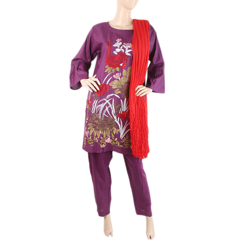 Women's Embroidered 3 Pcs Cotton Suit -  Dark Purple, Women, Shalwar Suits, Chase Value, Chase Value
